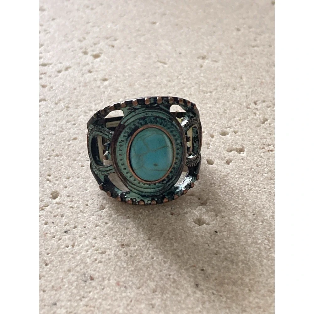 Patina Copper Tone Stretch Ring Size 8 Rustic Artisan Adjustable Faux Turquoise‎
